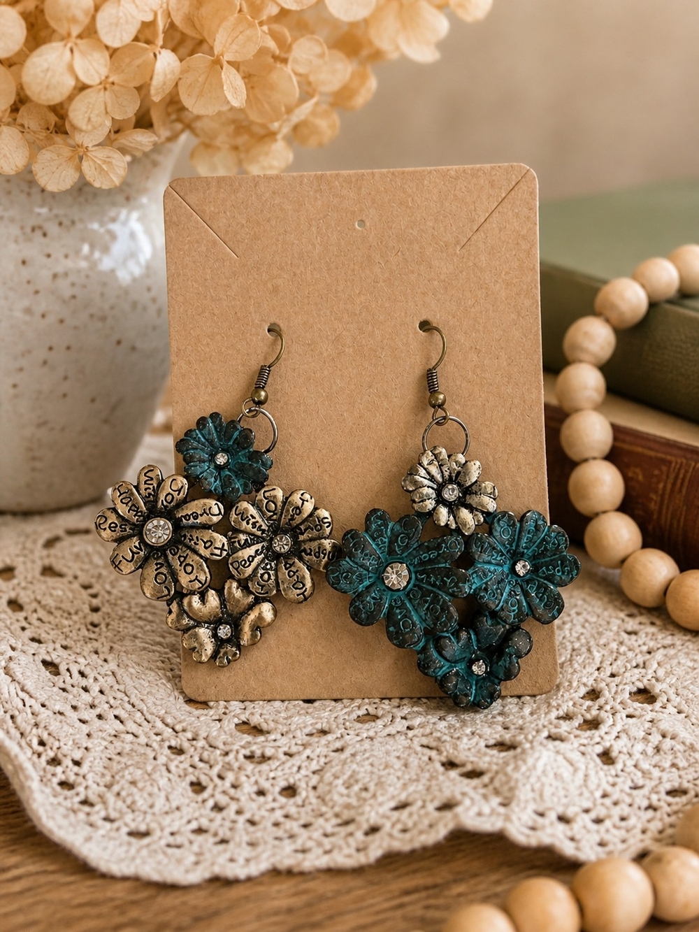 Floral Teal and Antique Gold Tone Earrings - Women Jewelry